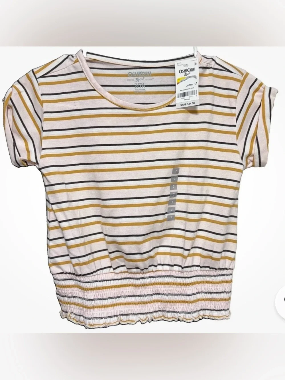OshKosh B’gosh Girls Striped Smocked Crop Top Shirt Mustard Pink Brown Size 7